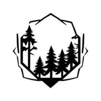 Geometric Monochrome Forest Scene Stylized Silhouettes of Pine Trees Enclosed in a Hexagonal Frame, Evoking Natures Calm. vector
