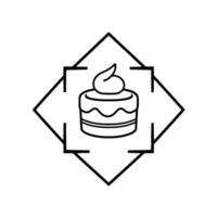 A simple, stylized line art illustration featuring a small, layered cake with frosting, framed within a diamondshaped border and a central target rectangle. vector