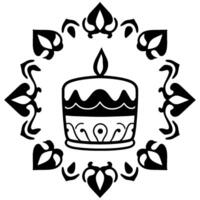 Elegant, symmetrical black and white illustration featuring a tiered cake with a lit candle, surrounded by ornate heartshaped and floral elements in a circular frame. vector