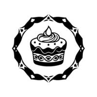 Intricate black and white cupcake illustration within an ornate circular frame, creating an elegant element. vector
