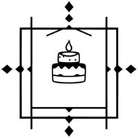 Elegant Black and White Illustration of a TwoTiered Birthday Cake with a Lit Candle, Centered within a Geometric, Bordered . vector