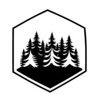 Black and White Pine Forest Silhouette in Hexagonal Frame Minimalist Nature Emblem, Geometric . vector