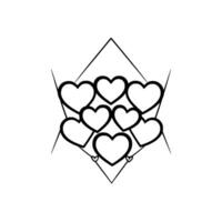 Geometric heart arrangement a symmetrical of nine hearts enclosed within a stylized triangular frame, with minimalist lines. vector