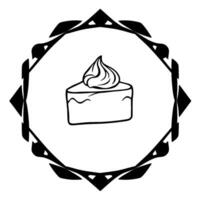 A simple, stylized black and white illustration of a cake slice with cream topping, set within an ornate geometric frame border. vector