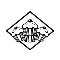 Black and white of three cupcakes in a diamond frame, each with a cherry on top. vector