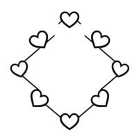 An abstract black and white illustration of a stylized diamond composed of connected heart shapes, forming a pattern on a white background. vector