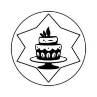 Black and White Layered Cake on a Stand within a Starburst and Circular Border . vector