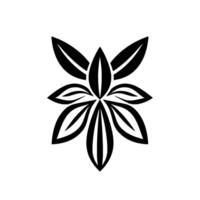 Symmetrical Black and White Floral of a SixPetaled Flower with Detailed, Layered Leaf Structures Against a White Background. vector