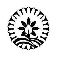 Monochromatic floral emblem with a central stylized bloom, bordered by segmented outer ring, and curved wave elements below. vector