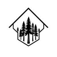 Stylized monochrome illustration of evergreen trees within a geometric houselike structure, evoking nature and minimalist . vector