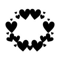 Black heart silhouette frame on white background, a romantic symbol of love with various sizes forming an oval shape. vector