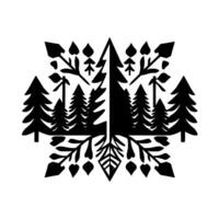 Symmetrical, Black and White Forest Featuring Trees, Foliage, and Abstract Elements on a White Background. vector