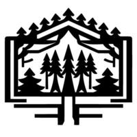 A bold, minimalist forest in black and white, featuring stylized pine trees within a framed geometric , suggesting nature and the outdoors. vector