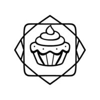 Simple Black and White Illustration of a Cupcake in a Square and Diamond Border, Bakery vector