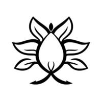 A stylized black and white floral , featuring a symmetrical arrangement of leaves surrounding a central teardrop shape, emanating from the center vector