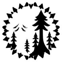 Black and white circular forest scene with stylized trees, mountain peaks, and decorative border on a white background. vector