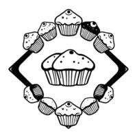 Black and white illustration of a decorative, diamondframed cupcake arrangement, centered by two large treats, showcasing a whimsical, dessertthemed . vector