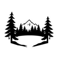 Silhouette Forest Scene with Mountains, Pine Trees, and Empty Space, Framed by a Geometric Shape. Minimalist Black and White . vector