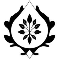 Elegant Black and White Floral Emblem Symmetrical Leaf Arrangement within a Decorative, Flowing Frame on a White Backdrop. vector