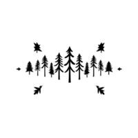 Minimalist Black Forest Silhouette Array of Pine Trees, Floating Leaves, and Directional Arrows on White Background. vector