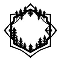 Geometric Forest Frame A stylized black and white featuring pine trees, set inside a faceted, diamondlike border with a minimalistic aesthetic. vector