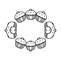 Circular Black and White Illustration Eight stylized cupcakes and dessert shapes arranged in a circle, with a white background and minimalistic linework. vector