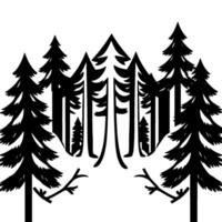 Stylized black and white illustration of a forest scene with multiple fir trees, minimalist and a serene ambiance. vector