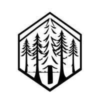 Black and white stylized illustration of evergreen trees within a hexagon, representing the outdoors. vector
