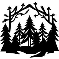 Black silhouette forest scene featuring fir trees, branches, and a mountain arch, all set against a white backdrop. vector