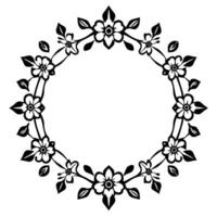 Elegant circular black and white floral frame , with detailed flower and leaf motifs, perfect for invitations or decorative elements. vector