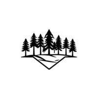 Stylized black and white illustration of a forest of pine trees on a geometric, diamondshaped platform, evoking a minimalist natural . vector