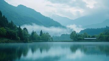 Mountain Lake Reflecting Lush Green Hills under Cloudy Sky with Foggy Mist in Natural Landscape photo