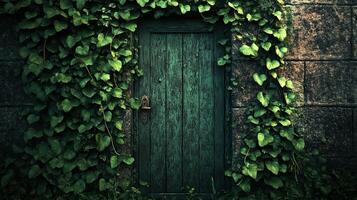 Old Green Wooden Door Covered with Lush Ivy Vines on Stone Wall with Vintage Rustic Charm photo
