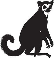 Lemur on High Alert Body standing upright with ears raised, tail extended, and fully aware of its surroundings. Full-length silhouette black design. vector