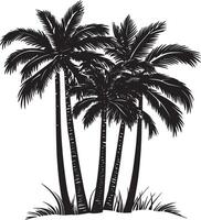 Cluster of Palm Trees A collection of palm trees gathered together, featuring trunks leaning in different directions and topped with vibrant fronds. Full-length silhouette black illustration. vector