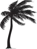Windblown Palm Tree A vertical trunk with fronds bending and fluttering in the wind, creating an elegant, curved silhouette. Full-length silhouette black illustration. vector