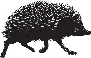 Hedgehog Sprinting A silhouette of a hedgehog with its body elongated, legs propelling it forward quickly, and tail streaming behind. Full-length silhouette black illustration. vector