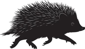 Hedgehog Running Body stretched out with legs moving quickly, tail trailing behind in a quick motion. full length silhouette black illustration vector