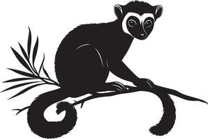 Lemur Resting Body lying on the ground or perched on a branch, curled tail resting beside. full length silhouette black illustration vector