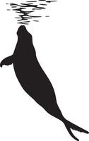 Walrus Submerging Body positioned at an angle, using its flippers to propel itself below the water's surface. Full-length silhouette black design. vector