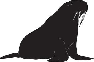 Walrus Moving Along Body close to the ground with flippers advancing in a slow, purposeful manner. Full-length silhouette black design. vector