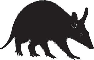Aardvark Moving Along A silhouette of an aardvark with its body low to the ground, legs walking leisurely, and tail extending behind. Full-length silhouette black illustration. vector