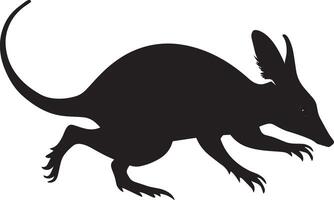 Aardvark in Full Sprint Body elongated with legs racing swiftly, and tail trailing behind in a dynamic stride. Full-length silhouette black design. vector