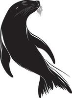 Sea Lion Hunting Body streamlined with head submerged, using flippers to chase fish or other prey. full length silhouette black illustration vector