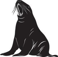 Walrus Vocalizing Head raised, mouth open, with a posture showing loud vocalization. full length silhouette black illustration vector