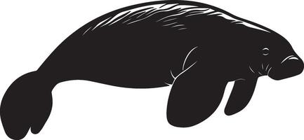 Manatee Rolling Body partially rolling, with tail and flippers extended during movement. full length silhouette black illustration vector