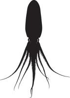 A silhouette of a squid with its body stretched out, tentacles fanned and fins raised to appear larger to potential predators. Full-length silhouette black illustration. vector