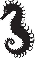 Seahorse in a Curled Position Tail tightly coiled, body upright with head lowered, resting gently on a substrate. Full-length silhouette black design. vector