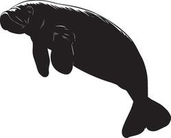 Manatee Floating Body horizontal with flippers relaxed and tail gently propelling through the water. full length silhouette black illustration vector