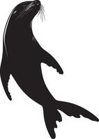 Sea Lion Pursuing Prey Body sleek and streamlined, head underwater as it uses its flippers to chase after fish or other targets. Full-length silhouette black design. vector